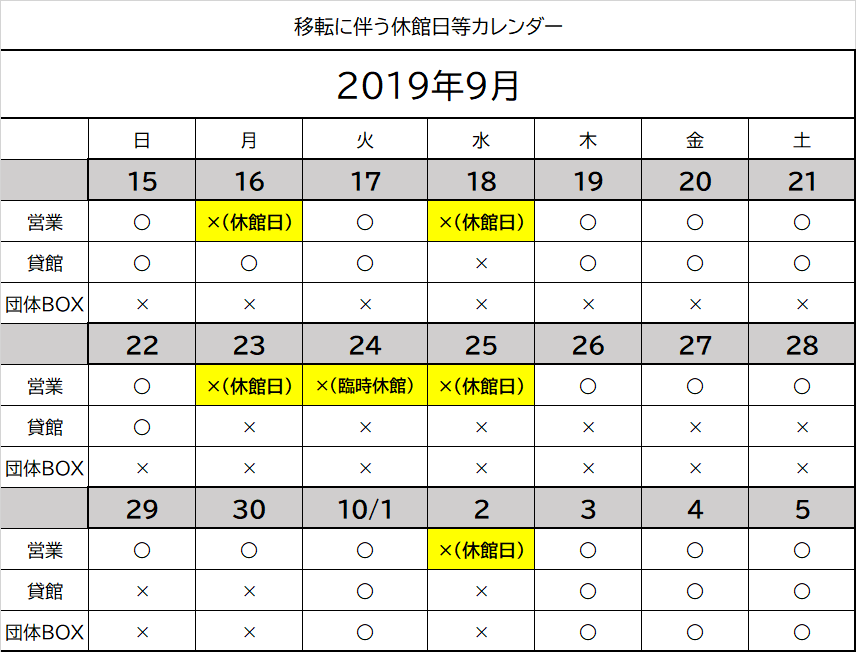 移転に伴う休館日カレンダー